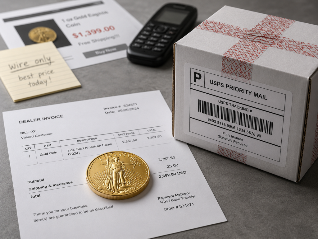 The safest way to buy gold is a documented purchase: a genuine bullion coin beside a dealer invoice and an insured, tracked shipping box.