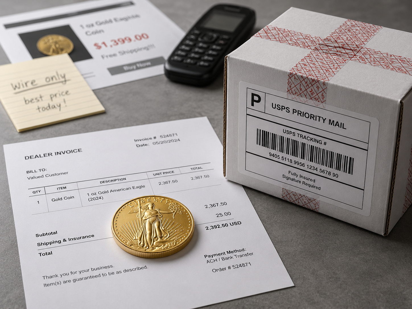 The safest way to buy gold is a documented purchase: a genuine bullion coin beside a dealer invoice and an insured, tracked shipping box.