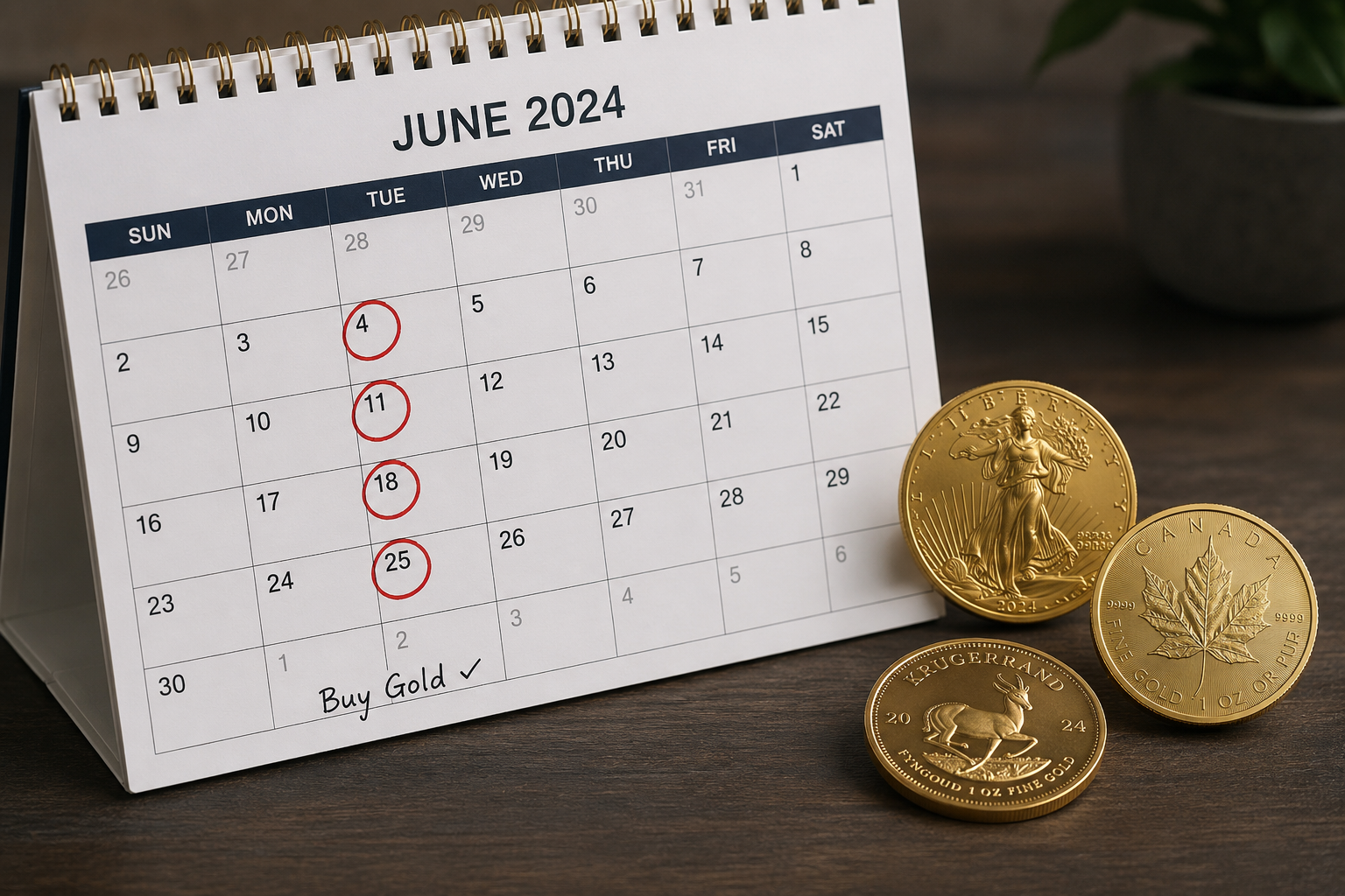 A monthly calendar with recurring circled buy dates beside gold coins, showing a dollar-cost-averaging schedule for when to buy gold